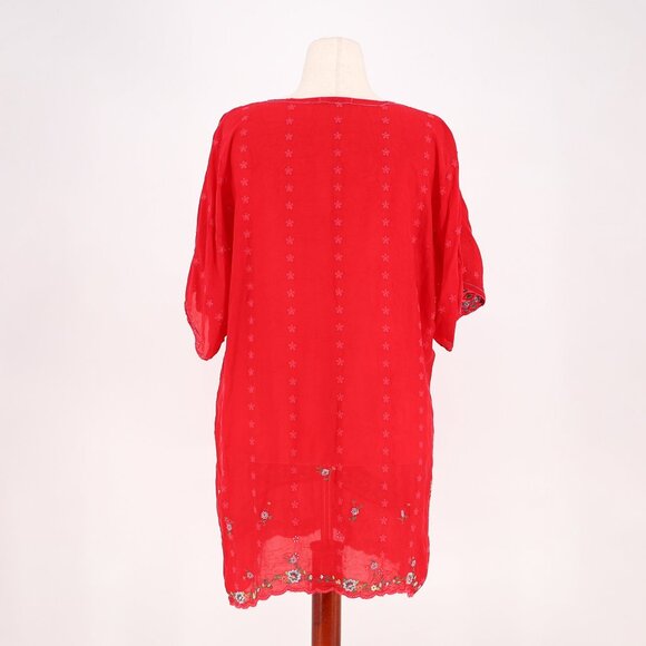 JOHNNY WAS Daisy Eyelet Embroidered Tunic Lightweight Vibrant Red Size XL - Picture 4 of 10